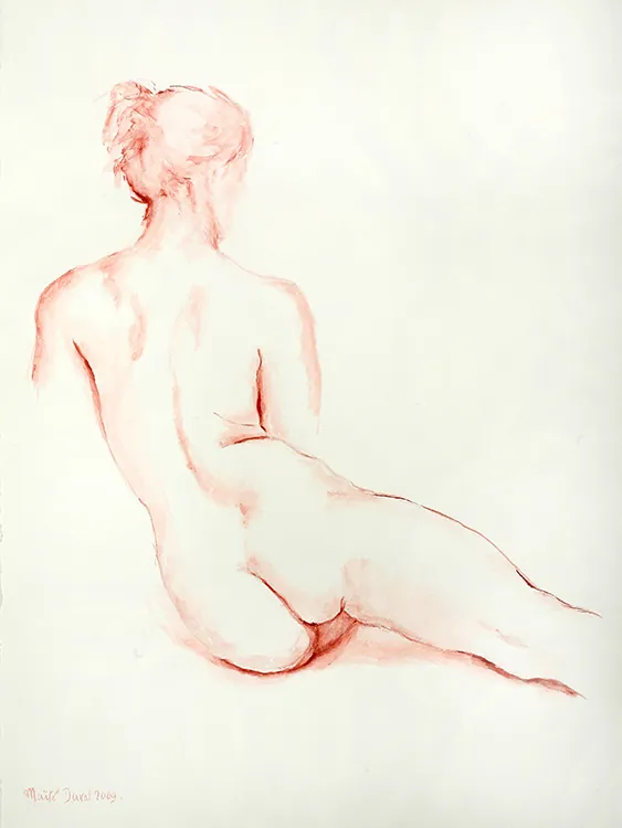 Ingrid zitten op één bil, gouache 85 x 60 cm, de Maïté Duval